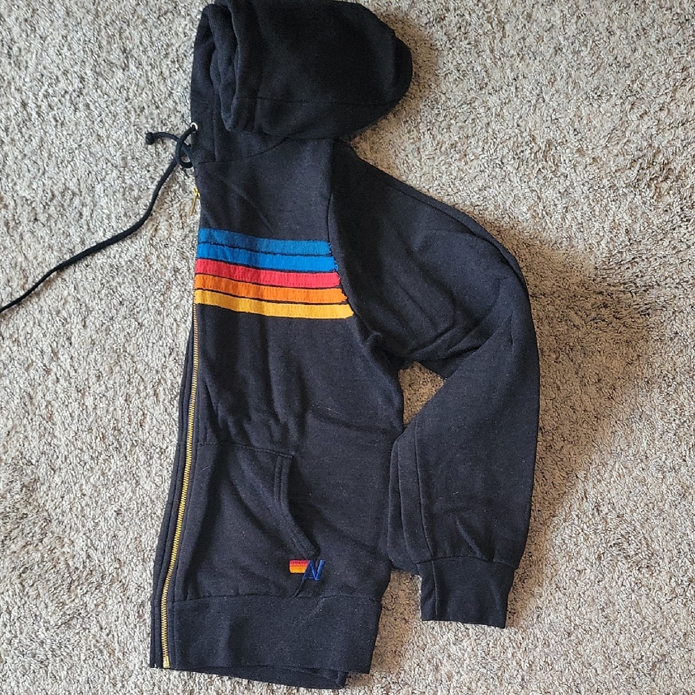 Aviator Nation Black Zip-Up Sweater with Multicolor Stripes